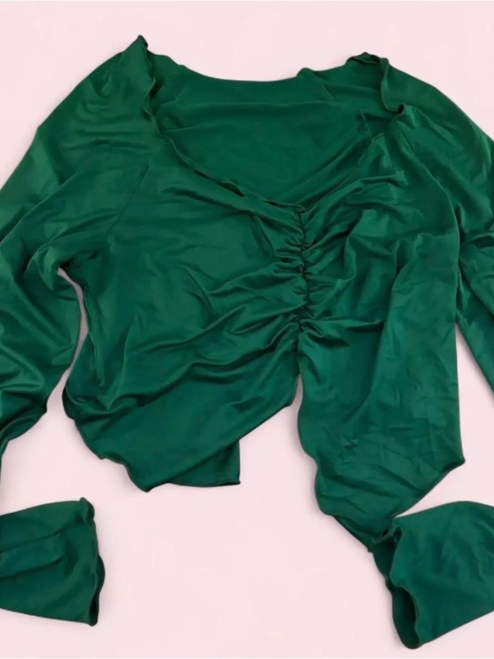 Green long sleeve top with ruched detail and matching legging set